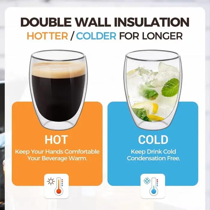 Lot de 6 tasses à café en verre transparent à double paroi de 60 ml/250 ml
