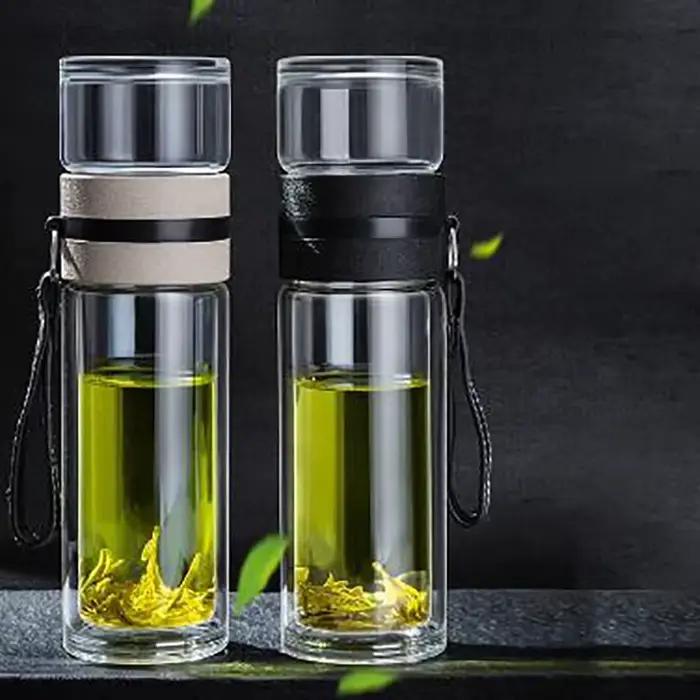 Bouteille d'eau de thé en verre à haute teneur en Borosilicate avec infuseur, double couche, réutilisable et respectueuse de l'environnement pour randonnée, escalade et usage quotidien