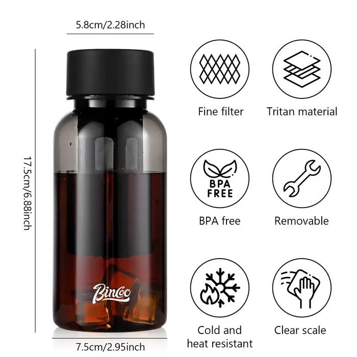 Gourde isotherme Bincoo 600 ml avec filtre 300 mailles pour café et thé infusé à froid design anti-fuite tritan sans BPA pour le travail randonnée voyage