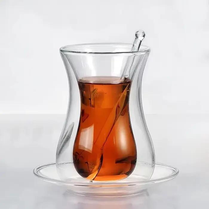 Beauté tasse à thé noir soucoupe cuillère à café ensembles turc Bohea Double paroi verre isolé thermique