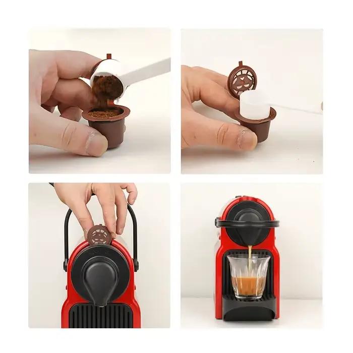 Capsules de café Nespresso rechargeables et réutilisables avec cuillère et brosse en plastique pour usage domestique et occasions spéciales en gris clair jaune clair kaki foncé vert clair