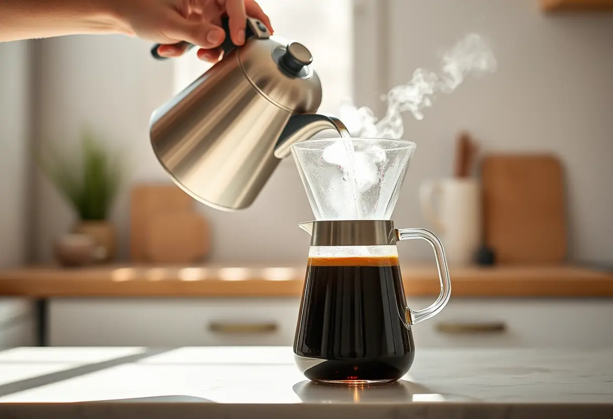 Une main verse de l'eau chaude dans une carafe, vapeur s'élevant de la cafetière