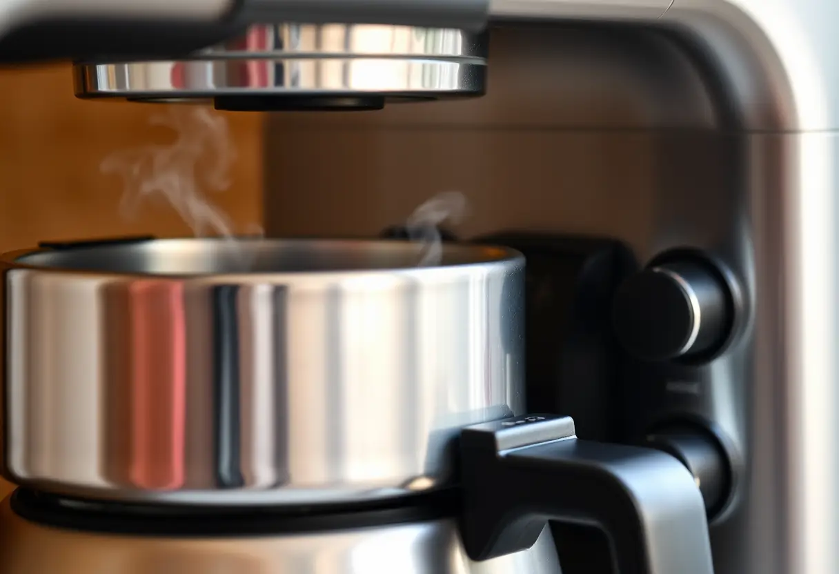 Vue rapprochée d'une cafetière métallique avec réservoir d'eau, sans texte, sans écriture, sans lettres, photographie éditoriale, lumière naturelle, hyper-réaliste