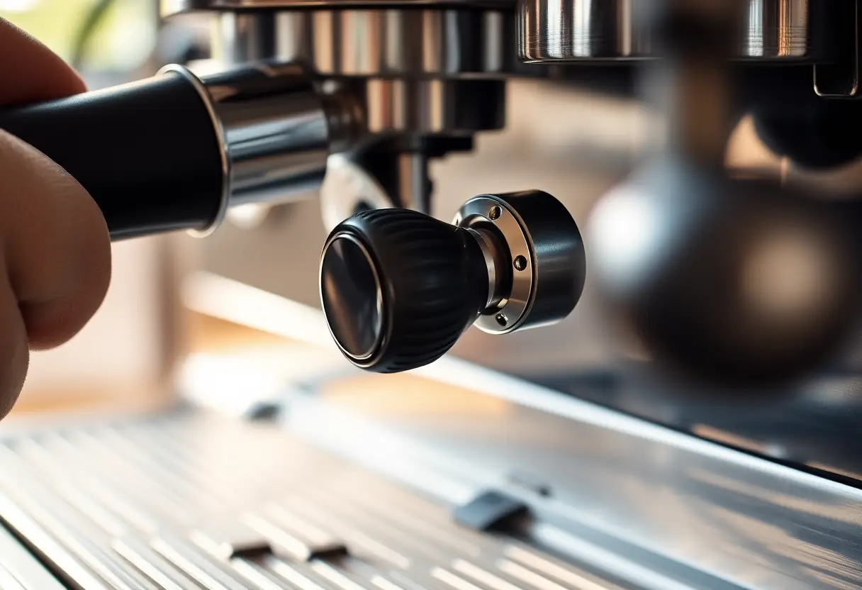 Un levier métallique sur une machine à expresso vintage, la lumière du matin éclaire doucement la surface polie