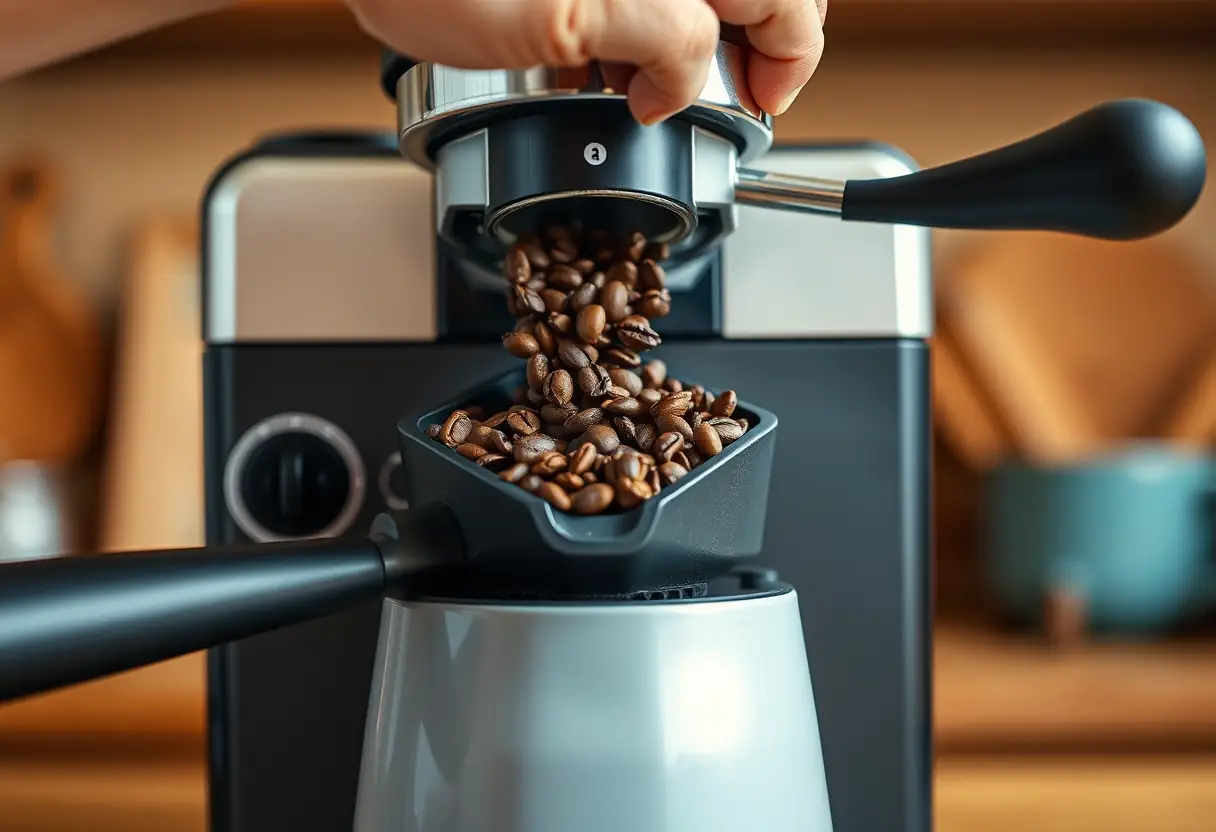 Une main qui verse des graines de café dans un coffret