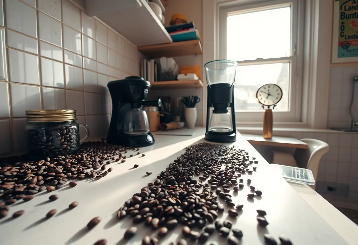Un plan de travail de cuisine avec des graines de café, un moulin et un minuteur sous la lumière du jour
