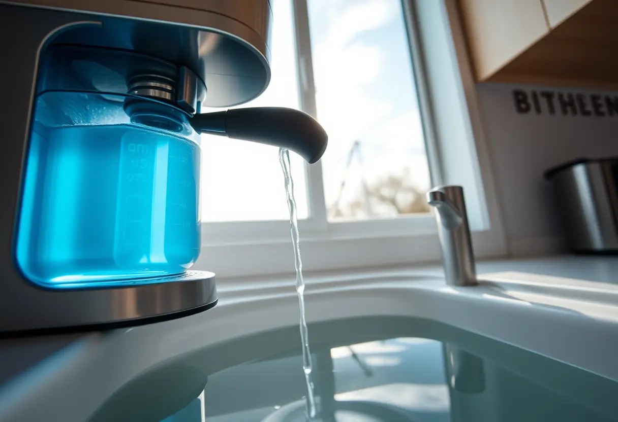 Un réservoir d'eau d'une machine à café rempli d'eau claire dans un évier
