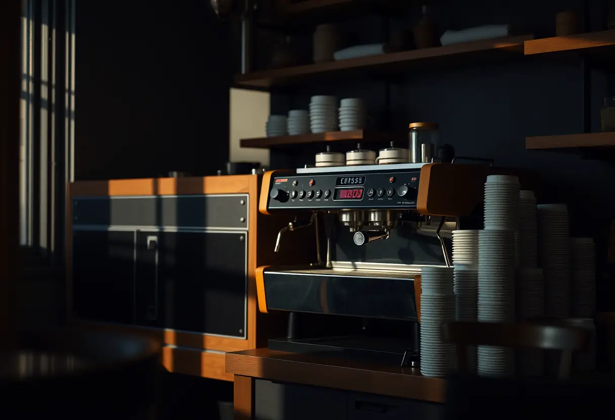 Dans un coin sombre d'un café, une machine à espresso aux panneaux en acier noir et au cadre en bois, près d'une pile de tasses en porcelaine