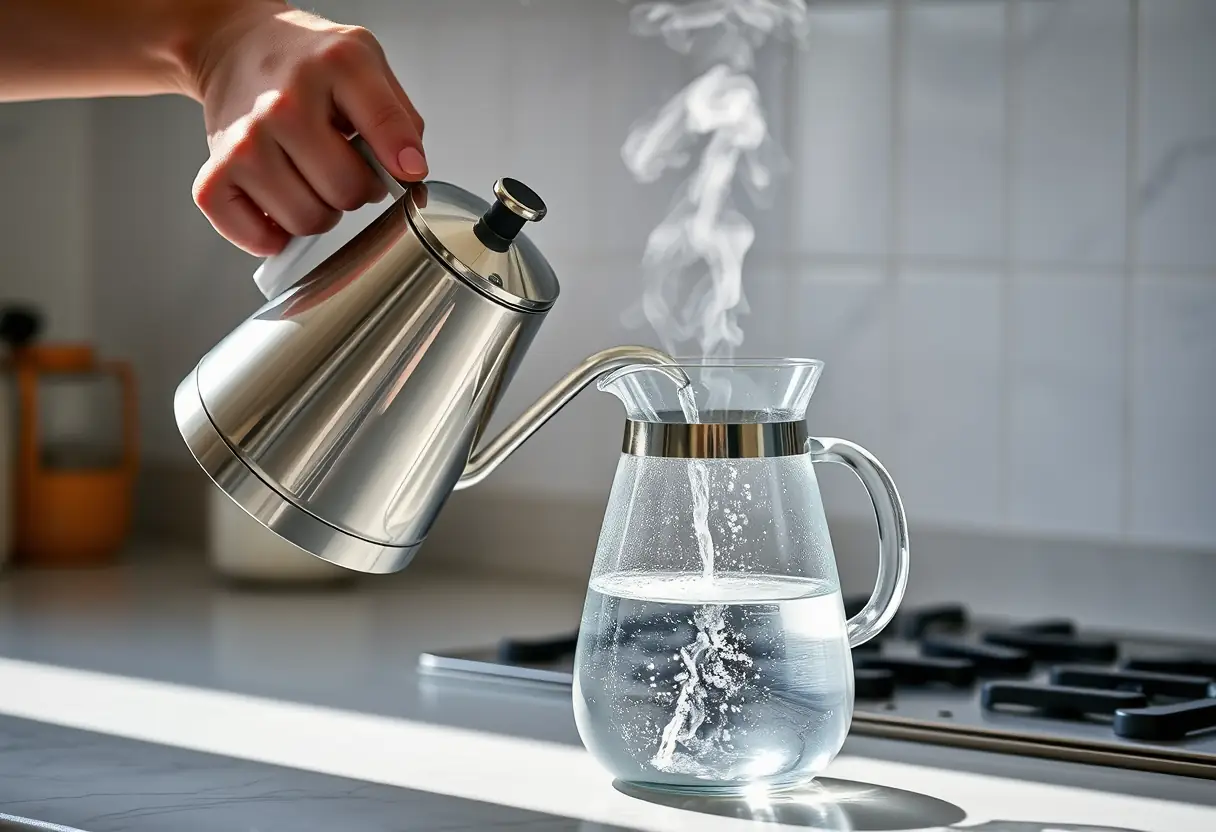 Une main verse de l'eau chaude d'une bouilloire chromée dans un carafon
