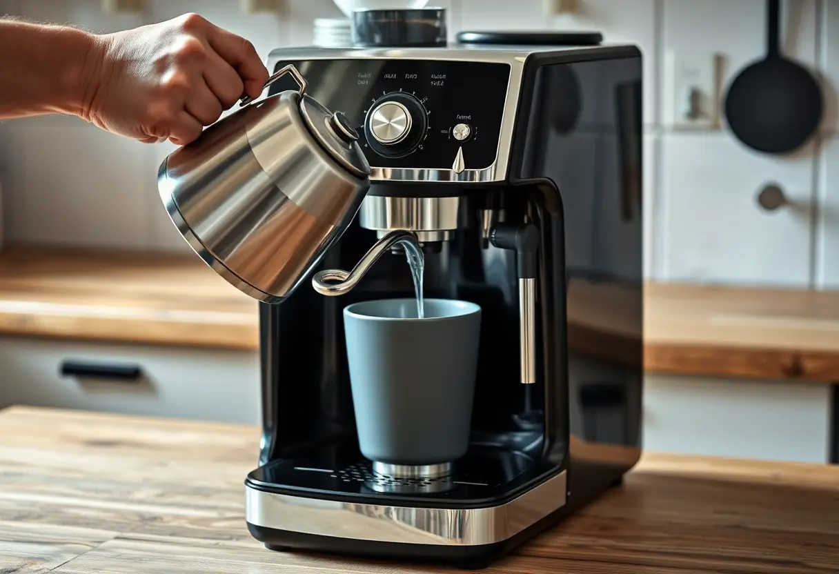 Une main verse de l'eau chaude d'une bouilloire dans une machine à café moderne