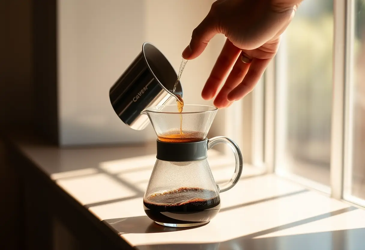 Une main verse de l'eau chaude sur des grains de café dans un carafon