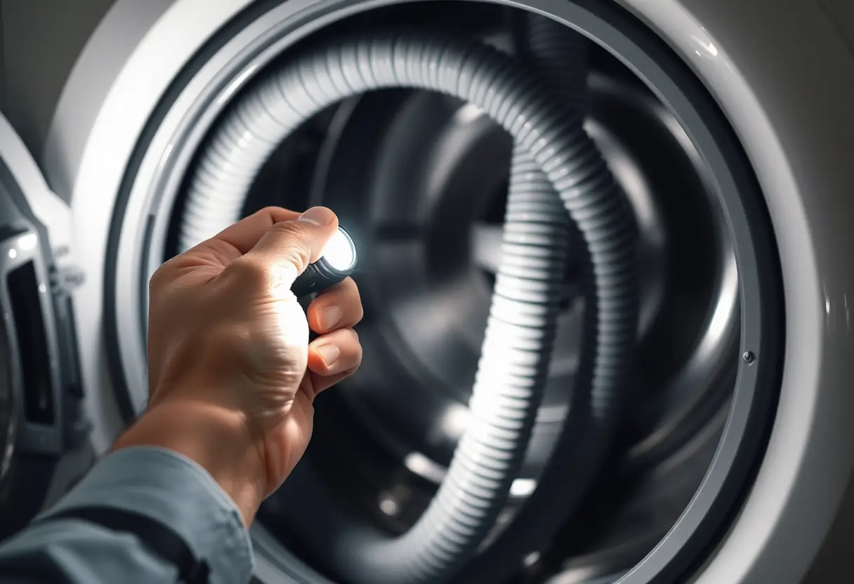 Main tenant une lampe de poche pour inspecter un tuyau sous une machine à laver